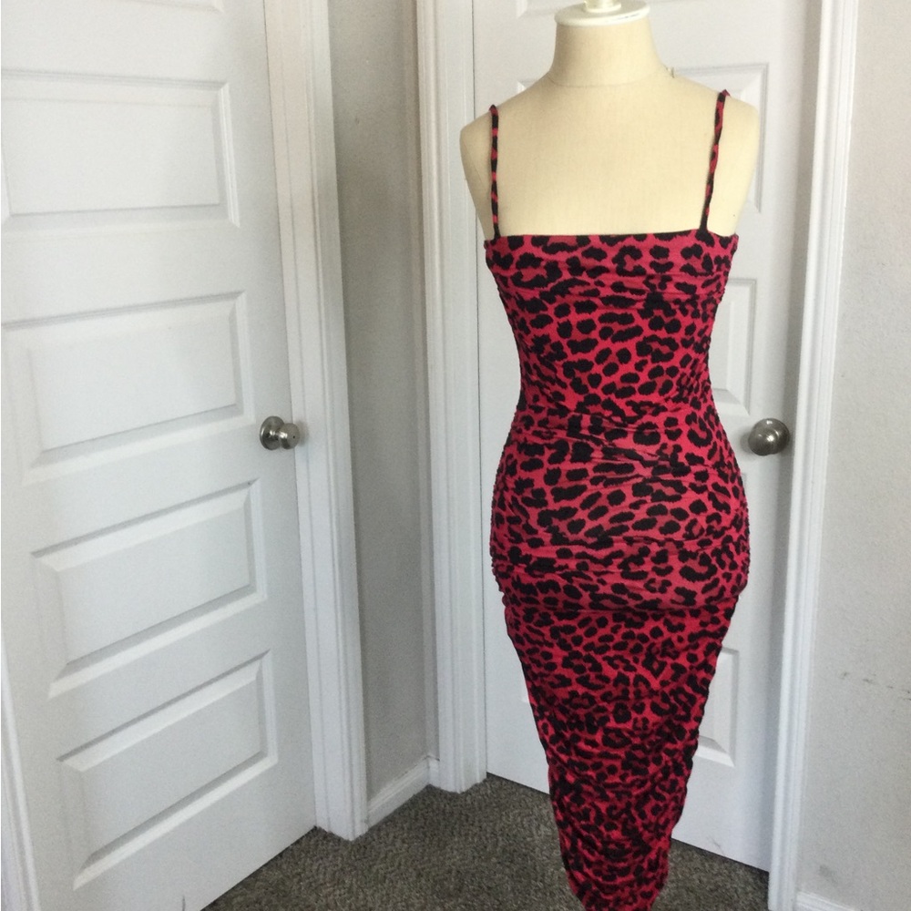 JLUXLABEL Red and Black Leopard Print Midi Dress